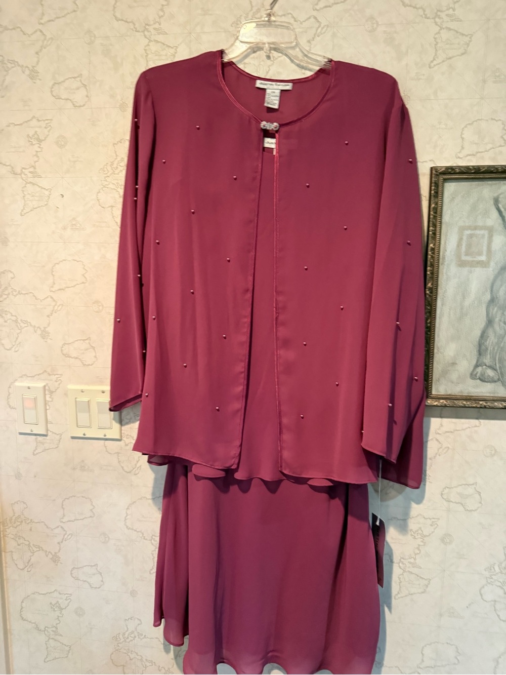 Elegant Women's Long Sleeve Two-Piece Dress Set in Magenta Semi Formal